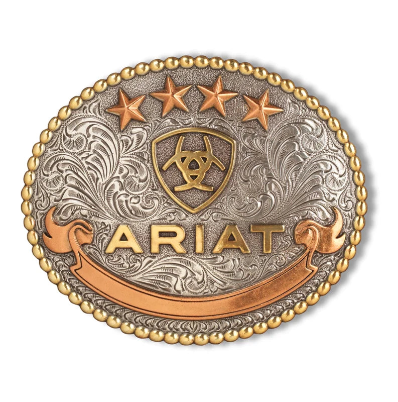 Fivela importada Ariat Bead Edge oval em prata com detalhes dourados e logo Ariat, estilo western.