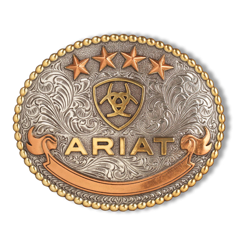 Fivela importada Ariat Bead Edge oval em prata com detalhes dourados e logo Ariat, estilo western.