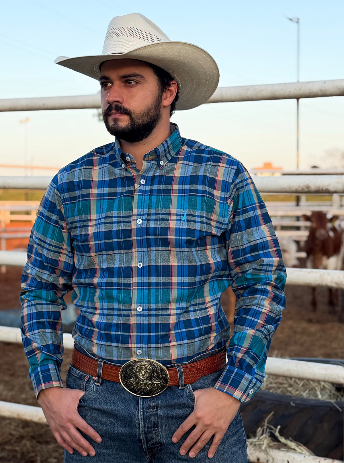 Cowboy vestindo camisa Austin Western manga longa xadrez 01