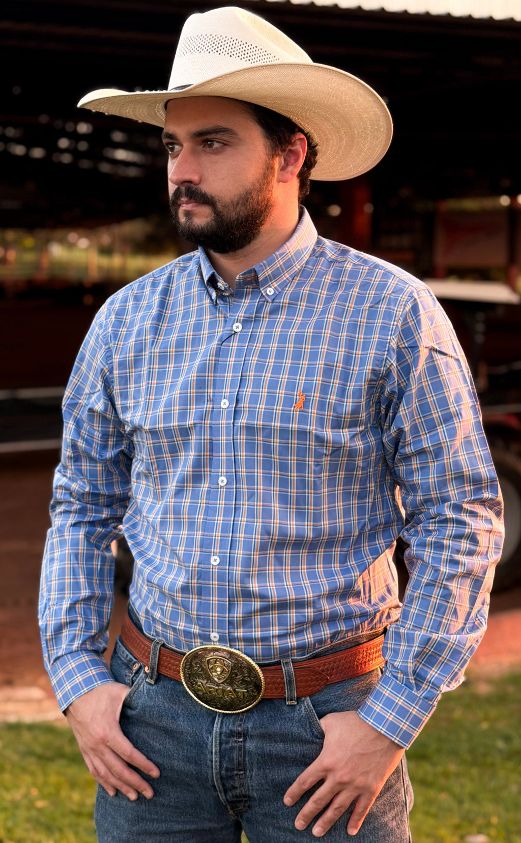 Cowboy vestindo camisa Austin Western manga longa xadrez 03