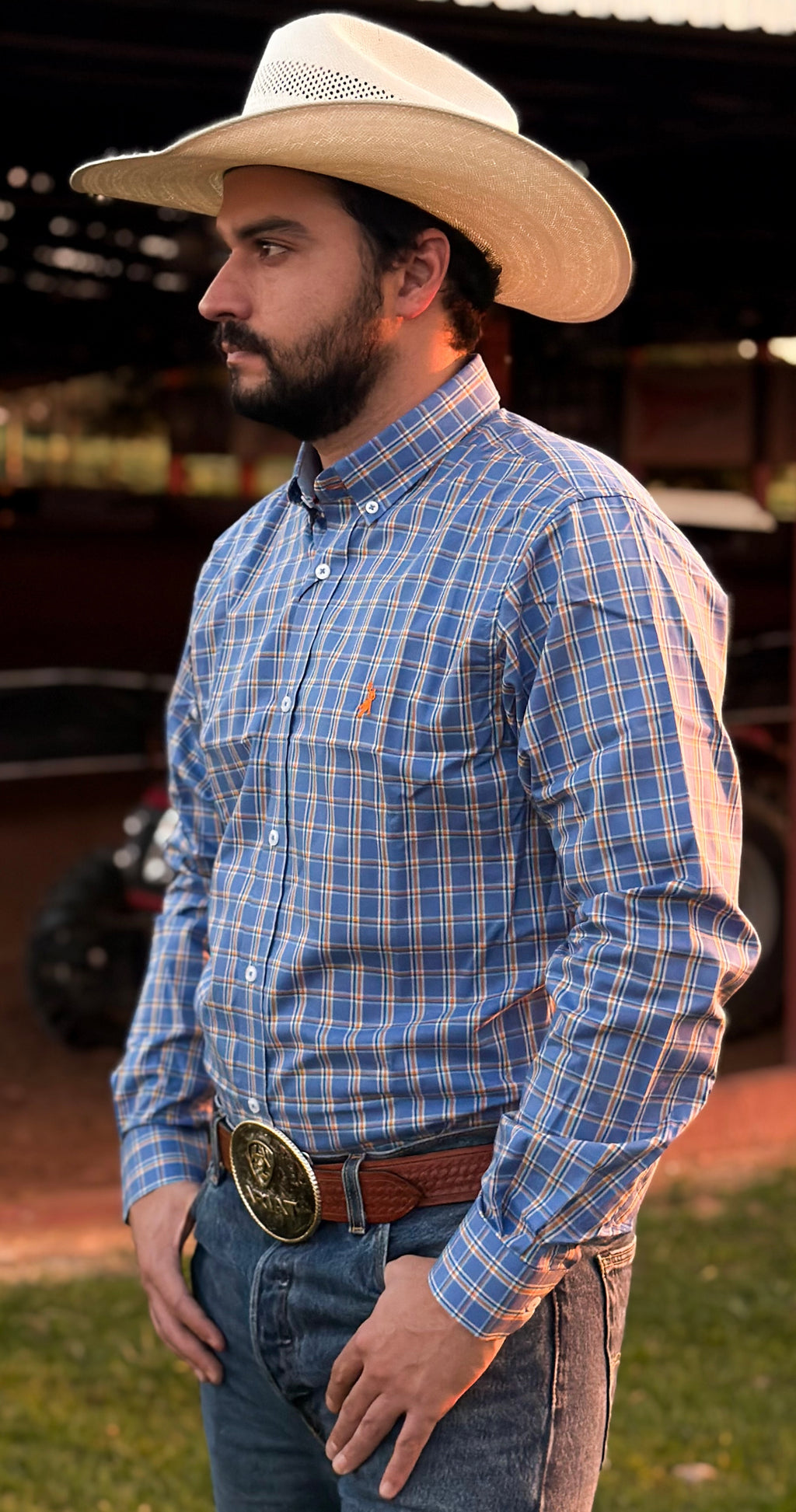 Cowboy vestindo camisa Austin Western manga longa xadrez 03