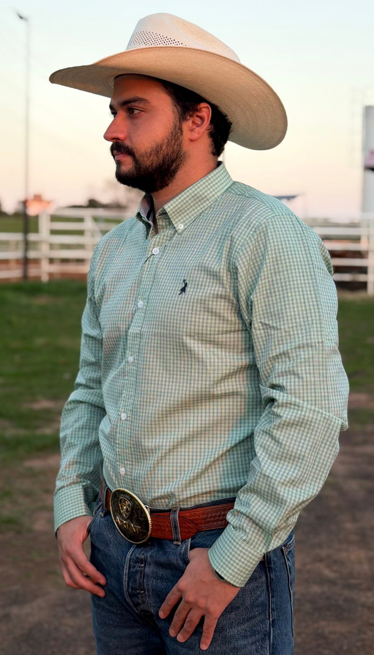 Cowboy vestindo camisa Austin Western manga longa xadrez 04
