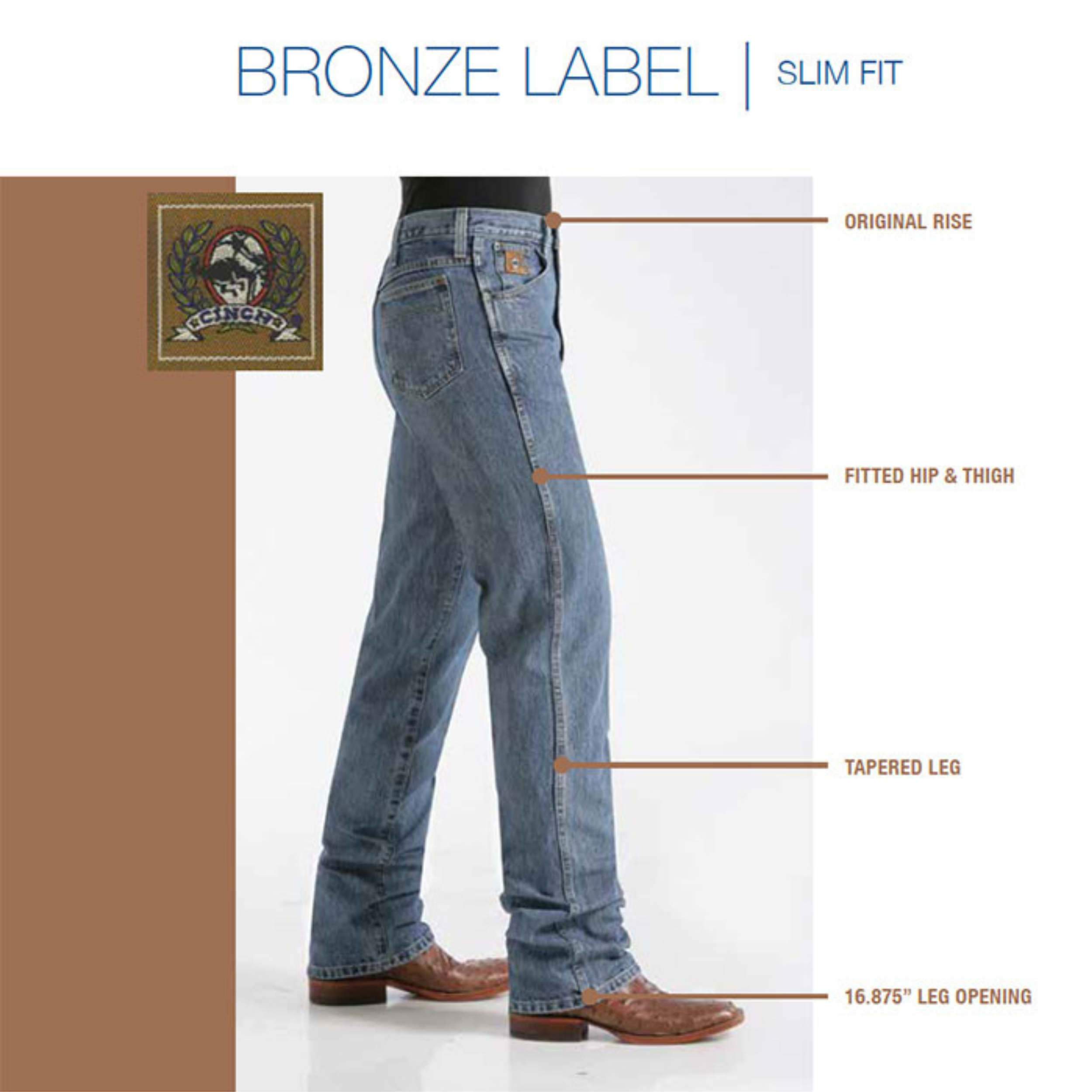 Detalhes do ajuste da Calça Cinch Bronze Label