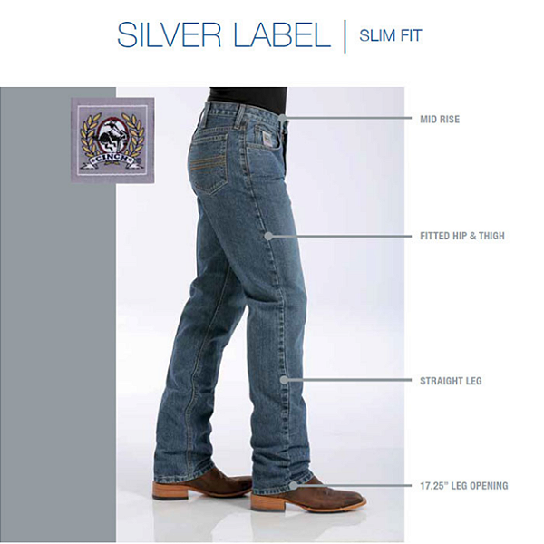 Detalhes do ajuste da Calça Cinch Silver Label.