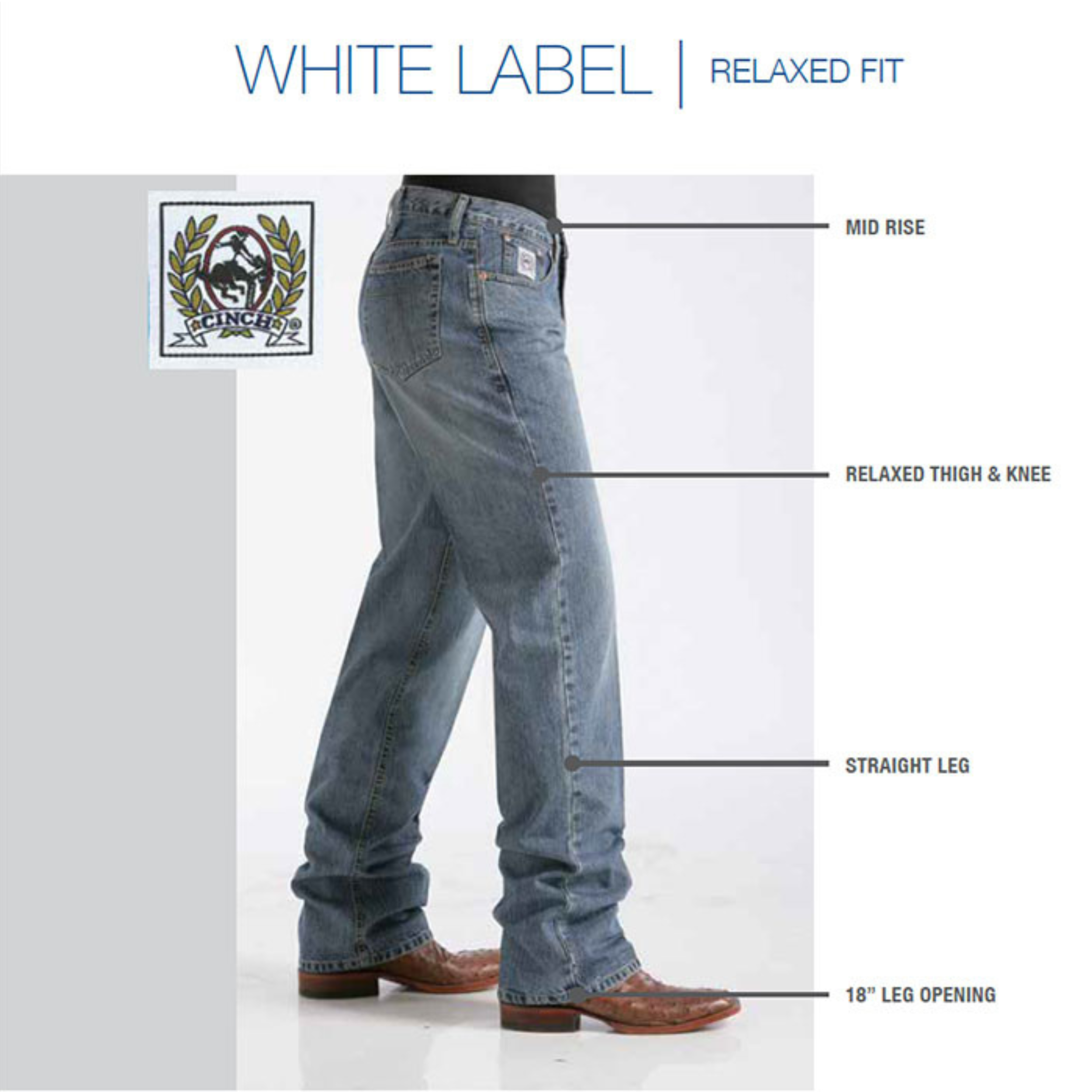 Detalhes do ajuste da Calça Cinch White Label.