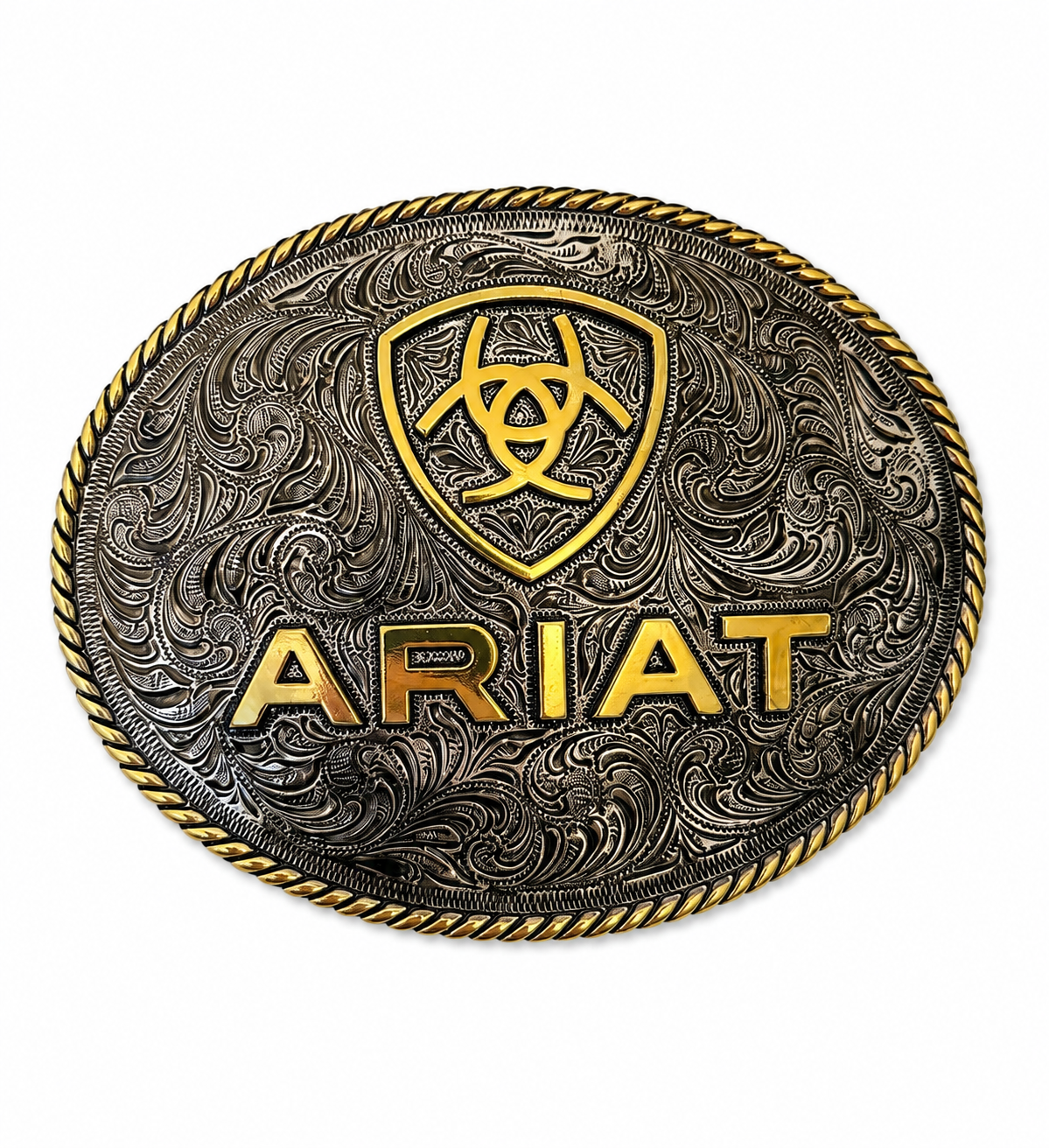 Fivela importada Ariat Oval Rope oval em prata com detalhes dourados e logo Ariat, estilo western.